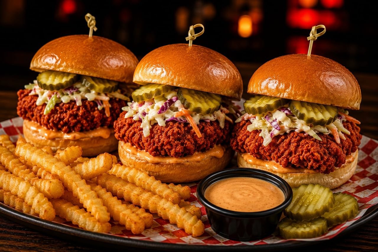 Three Dave's Hot Chicken sliders with kale slaw and pickles, served with crinkle-cut fries