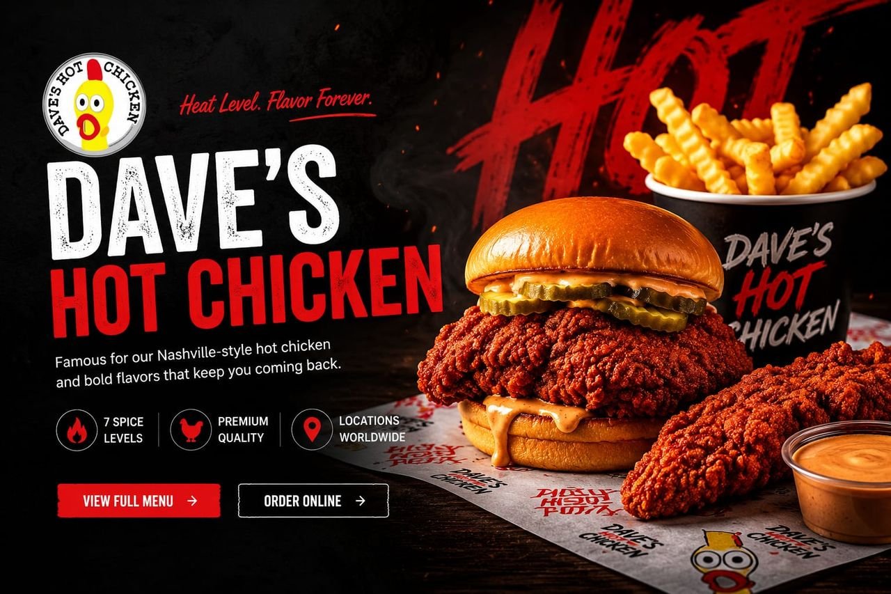 Dave's Hot Chicken slider with crinkle-cut fries, a chicken tender and Dave's sauce